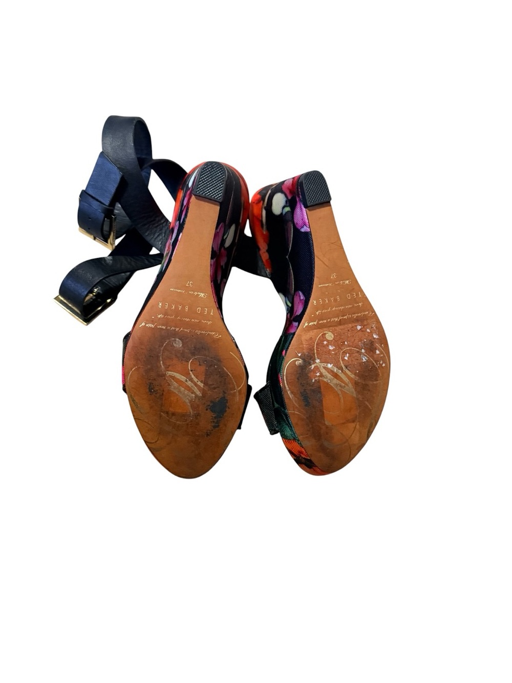 Ted Baker Floral Print Black Wedge Sandals with Ankle Strap - Picture 8 of 10
